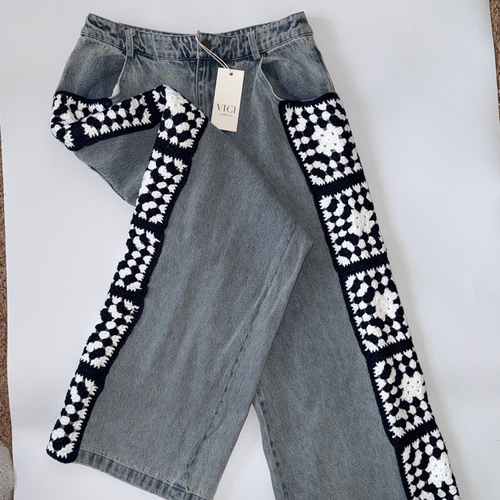 Vici Women's Gray Flare Jeans with Navy and White Crochet